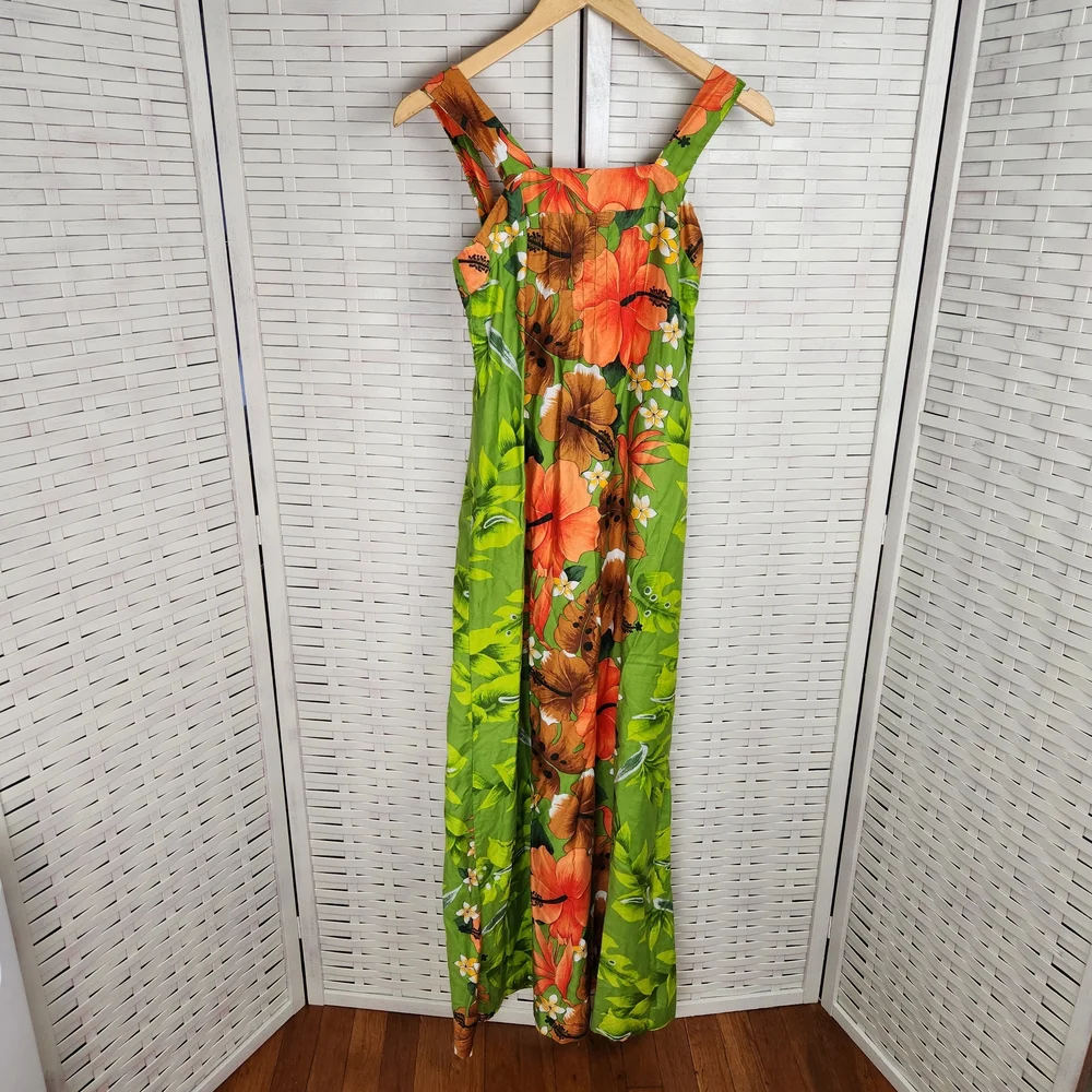 Vintage Pomare Hawaii Womens Sz 6 Green  Floral Straps Maxi Dress Tropical Beach